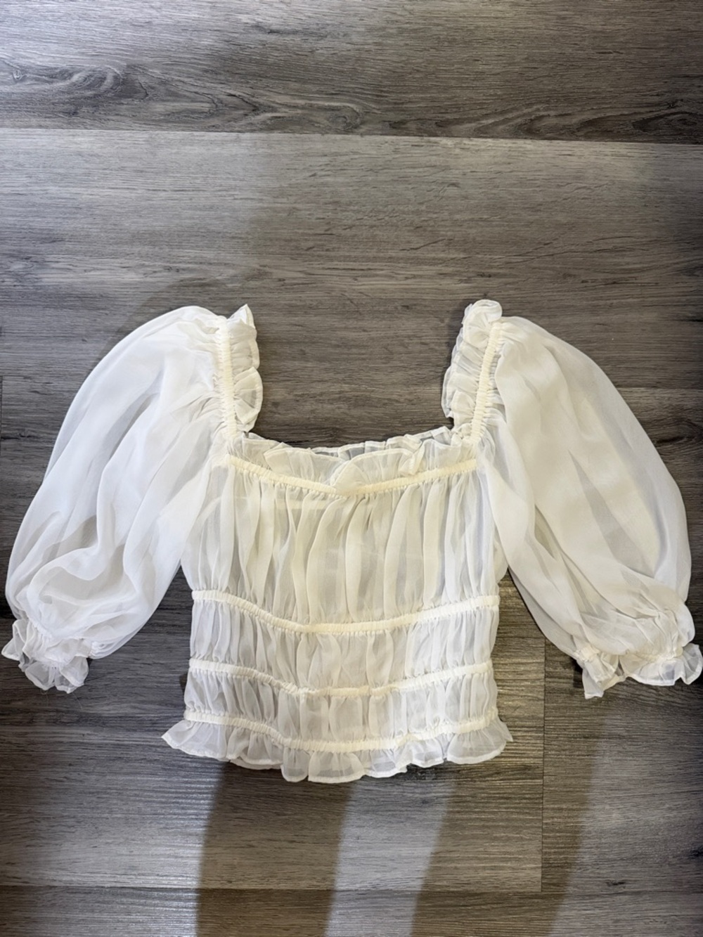 Sheer White Puff-Sleeve Square-Neck Blouse